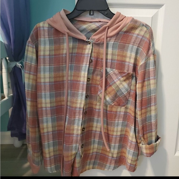 Classic Plaid Checkered Hoodie Button Down Up Shirt Top - Picture 4 of 7